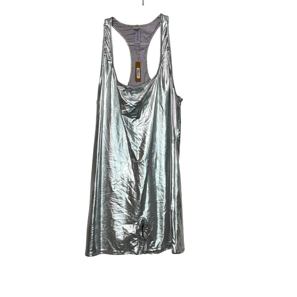 SKIMS Metallic Swim Romper Women's 4X Nickel Silver Racerback Bodysuit